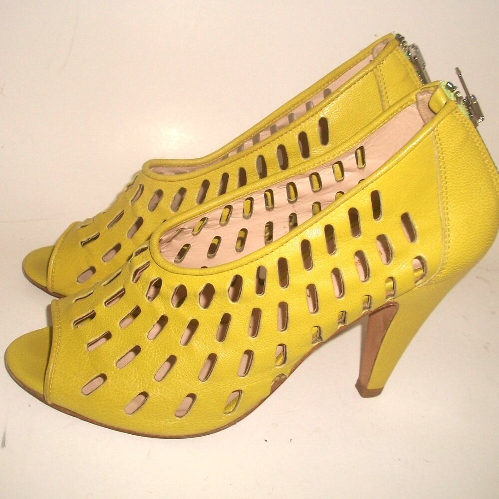 Loeffler Randall Yellow Leather Perforated High Heel Open-Toe Rear-Zip Booties